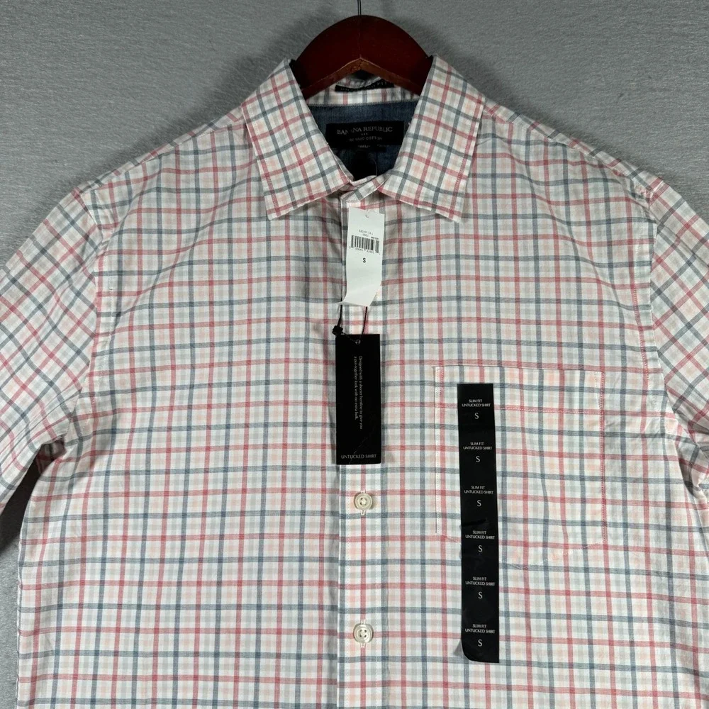 Banana Republic Mens Slim Untucked Fit Organic Cotton Plaid Shirt Red White S